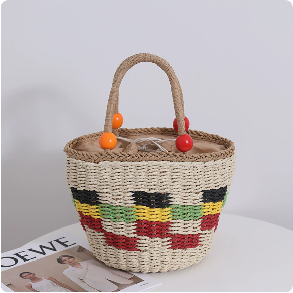 Cute Wooden Bead Portable Straw Weaved Bag Fresh Color Plaid Hand Carrying Woven Bag Fruit Picnic Basket Beach Bag Bella Mia